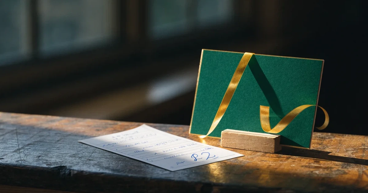 Um cartão de oferta com uma fita dourada ao lado de um talão de apostas numa bancada de madeira