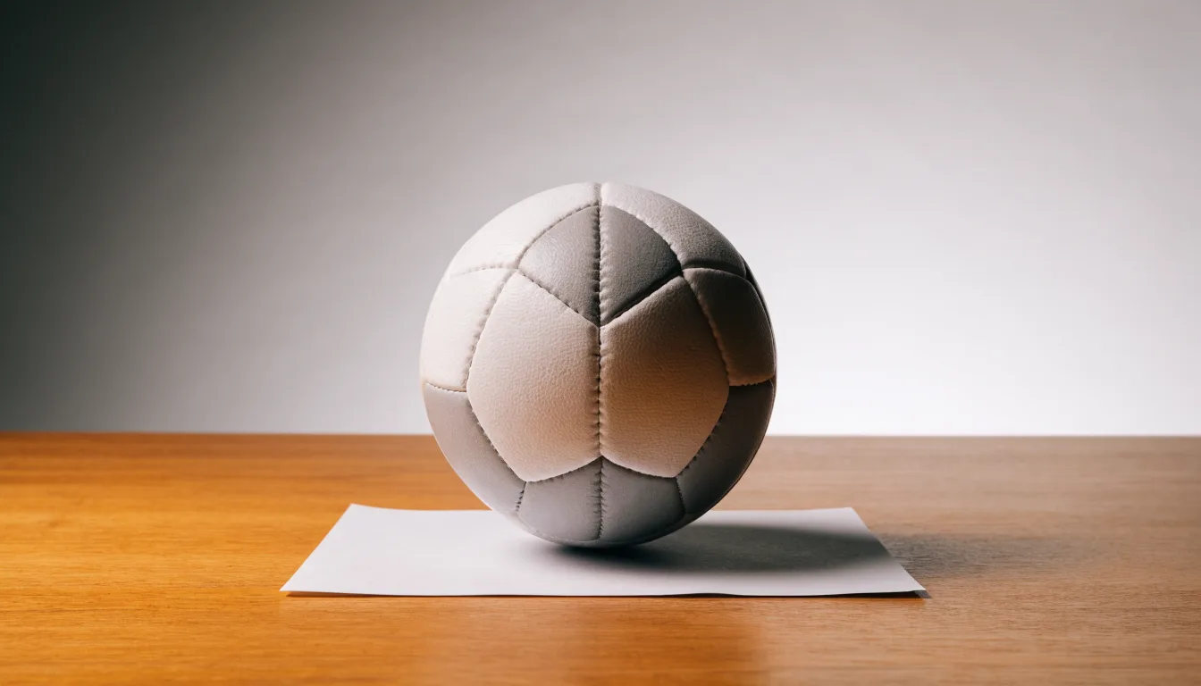 Uma bola de futebol pousada sobre um talão de apostas em branco numa mesa de madeira, à luz do dia