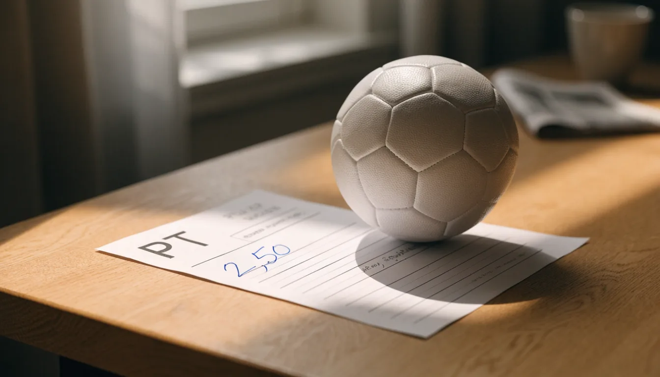 Uma bola de futebol pousada sobre um talão de apostas em branco numa mesa de madeira, à luz do dia