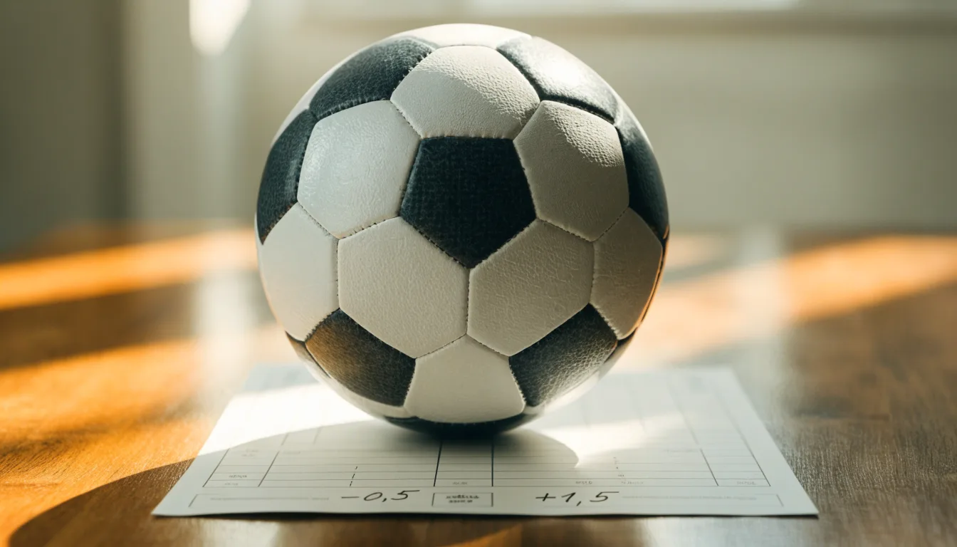 Uma bola de futebol pousada sobre um talão de apostas em branco numa mesa de madeira, à luz do dia