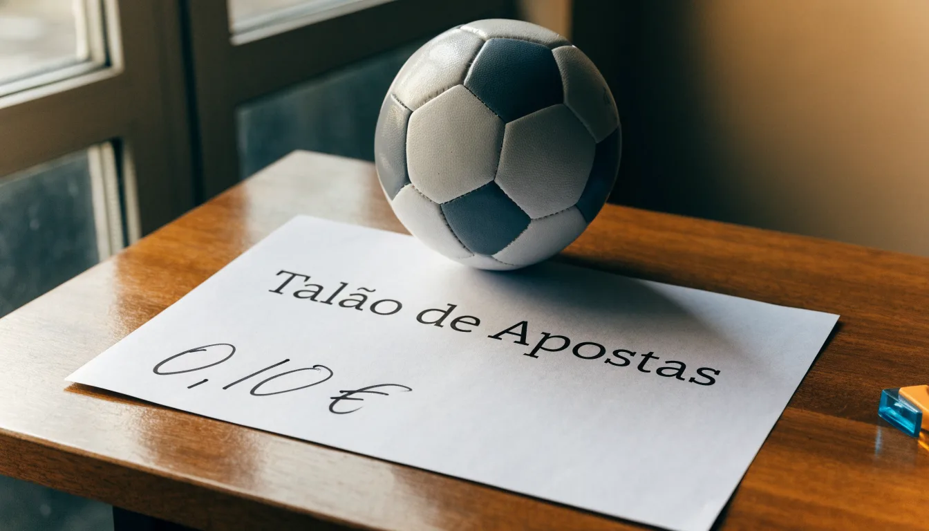 Uma bola de futebol pousada sobre um talão de apostas em branco numa mesa de madeira, à luz do dia