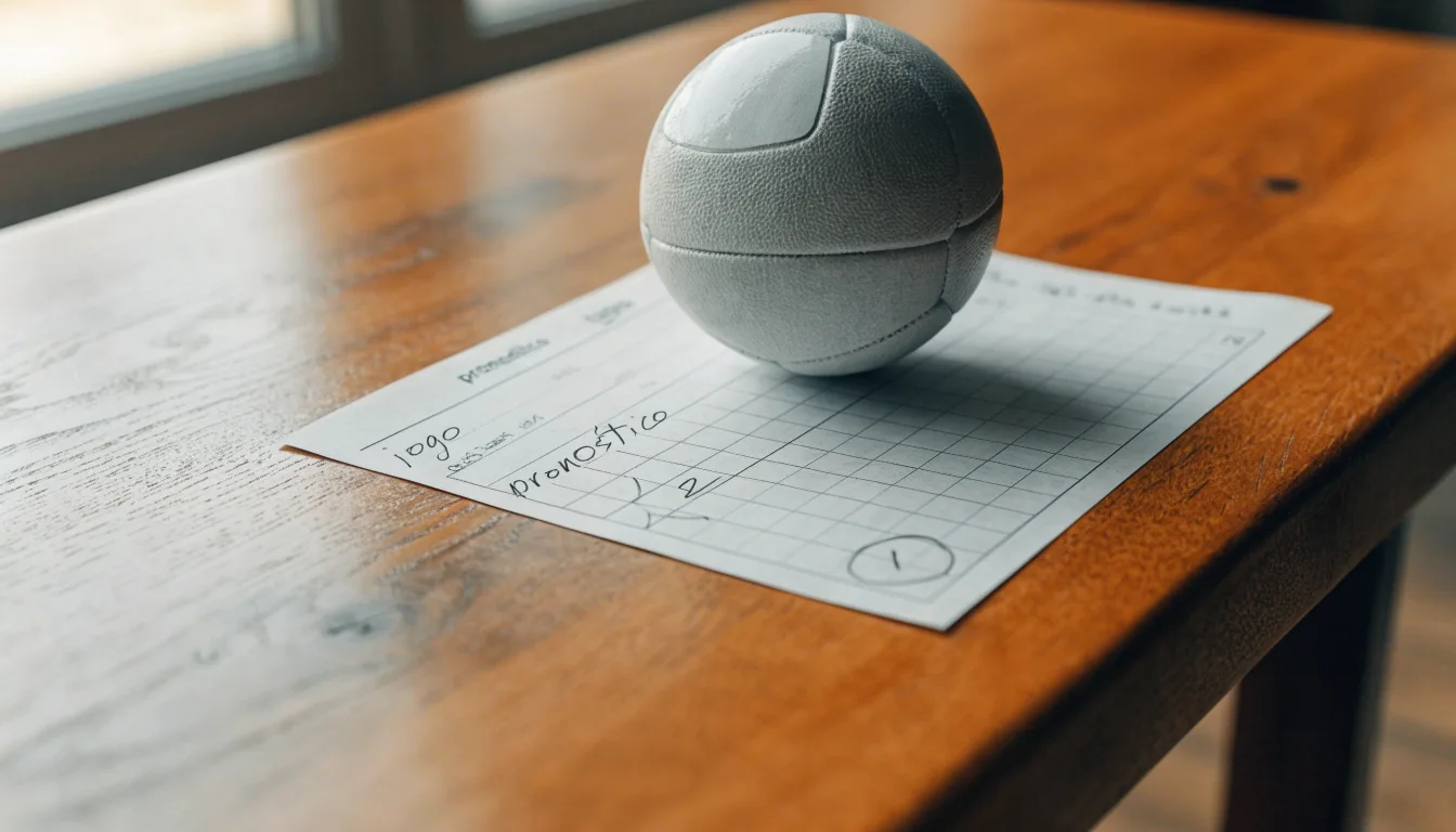Uma bola de futebol pousada sobre um talão de apostas em branco numa mesa de madeira, à luz do dia