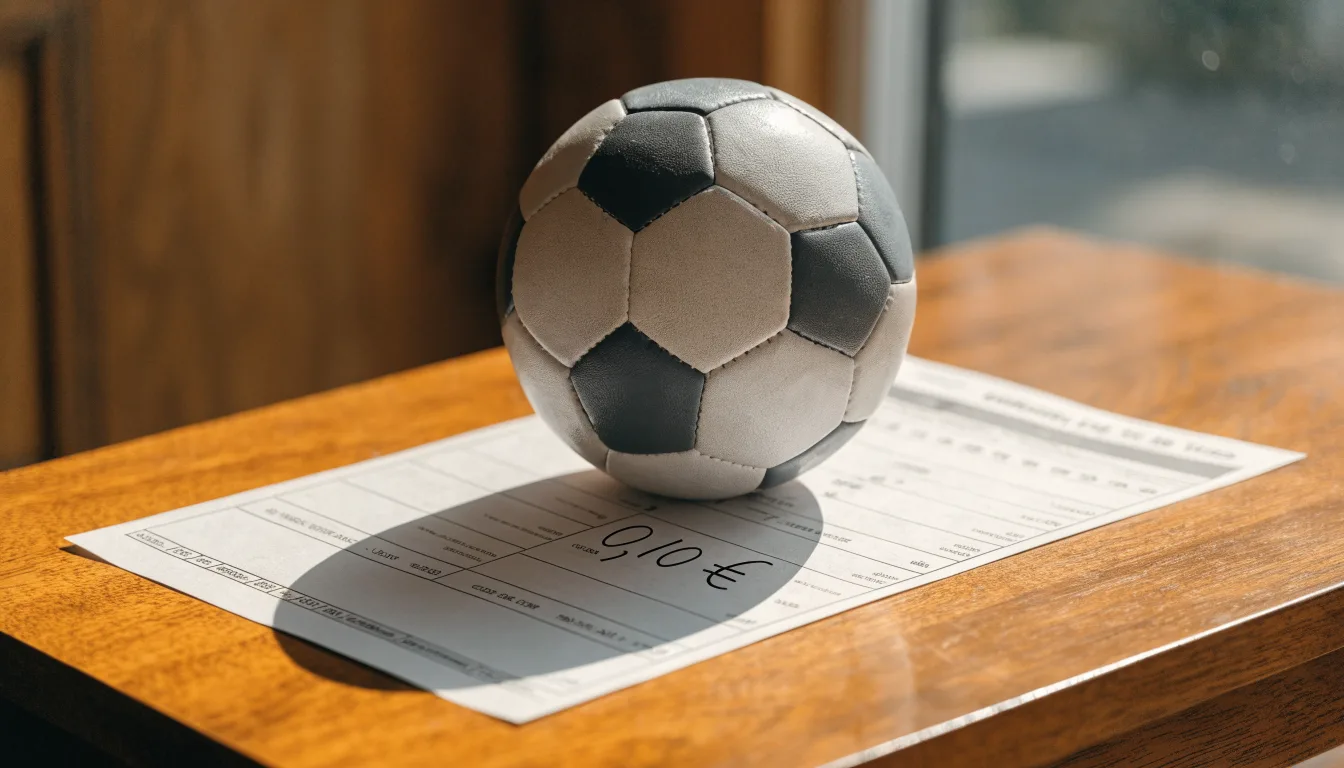 Uma bola de futebol pousada sobre um talão de apostas em branco numa mesa de madeira, à luz do dia