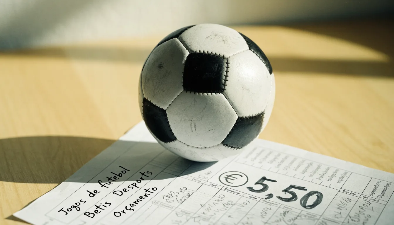 Uma bola de futebol pousada sobre um talão de apostas em branco numa mesa de madeira, à luz do dia