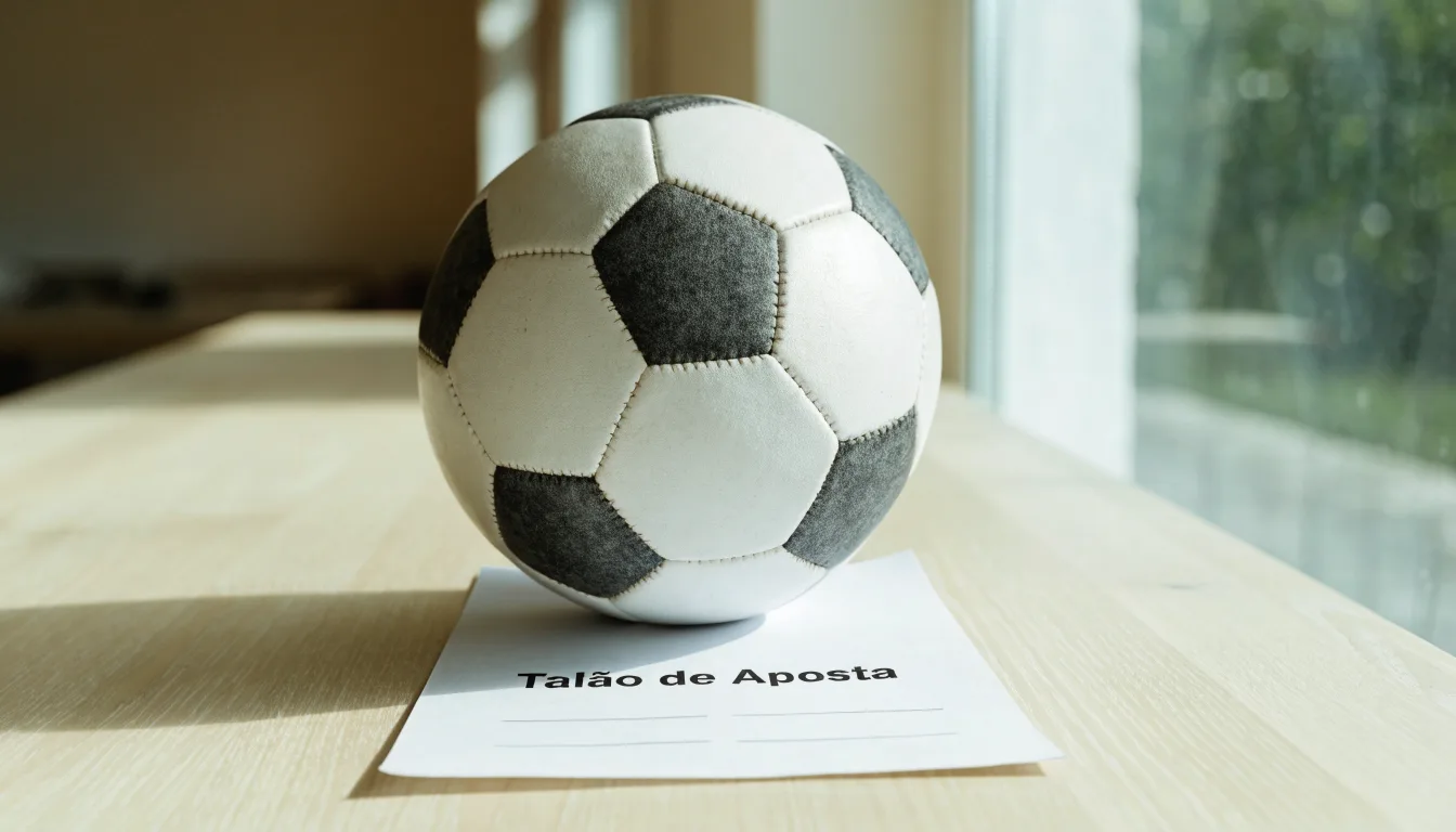 Uma bola de futebol pousada sobre um talão de apostas em branco numa mesa de madeira, à luz do dia