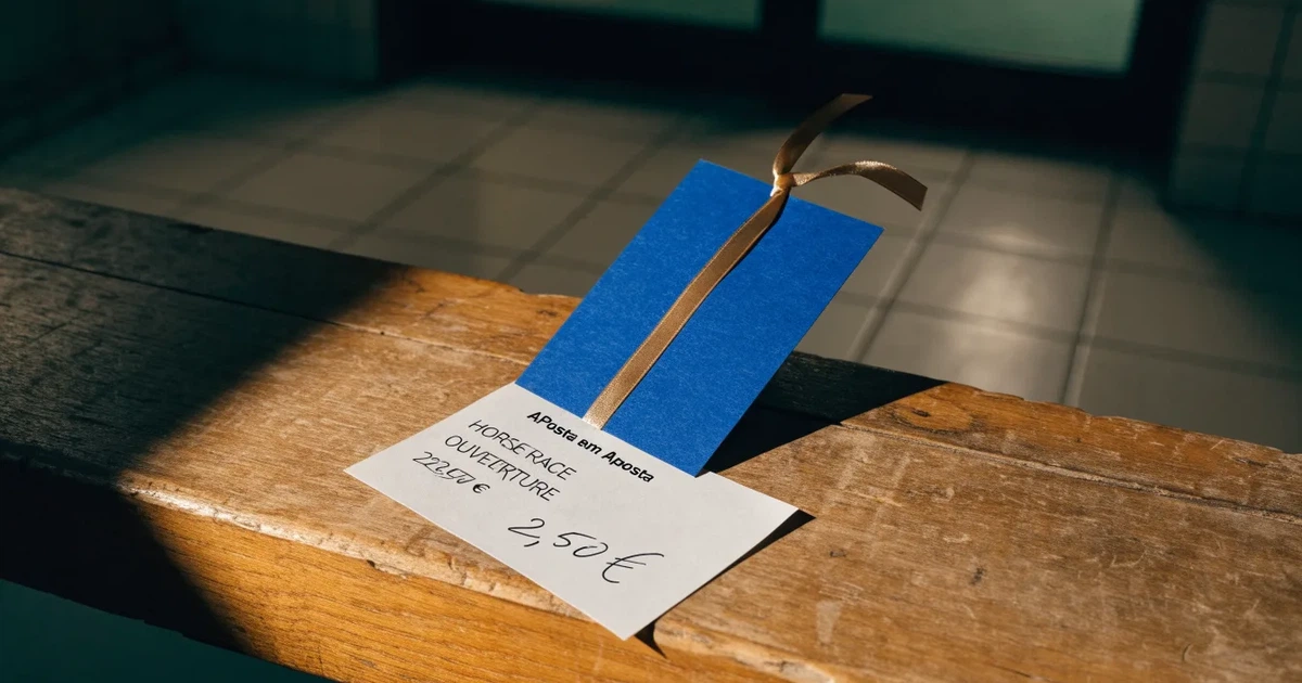 Um cartão de oferta com uma fita dourada ao lado de um talão de apostas numa bancada de madeira