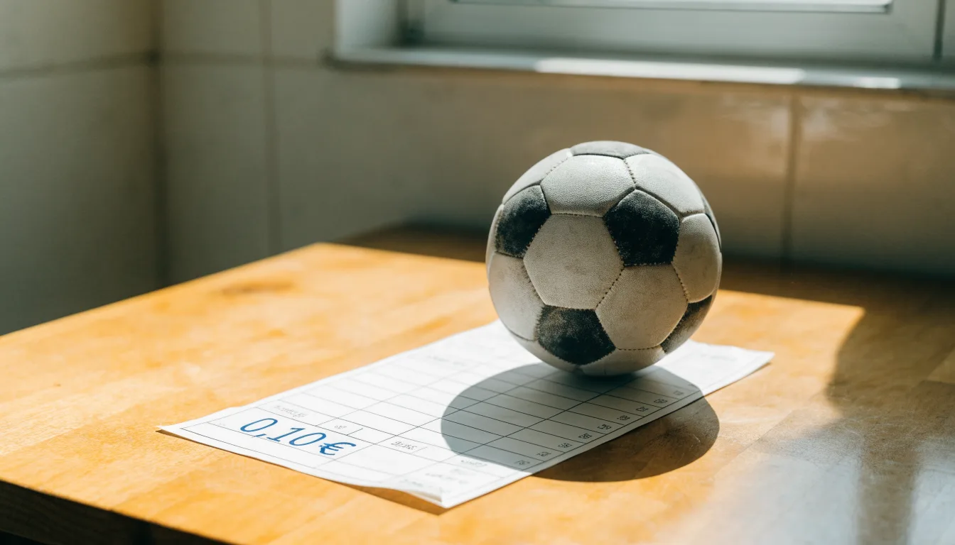 Uma bola de futebol pousada sobre um talão de apostas em branco numa mesa de madeira, à luz do dia