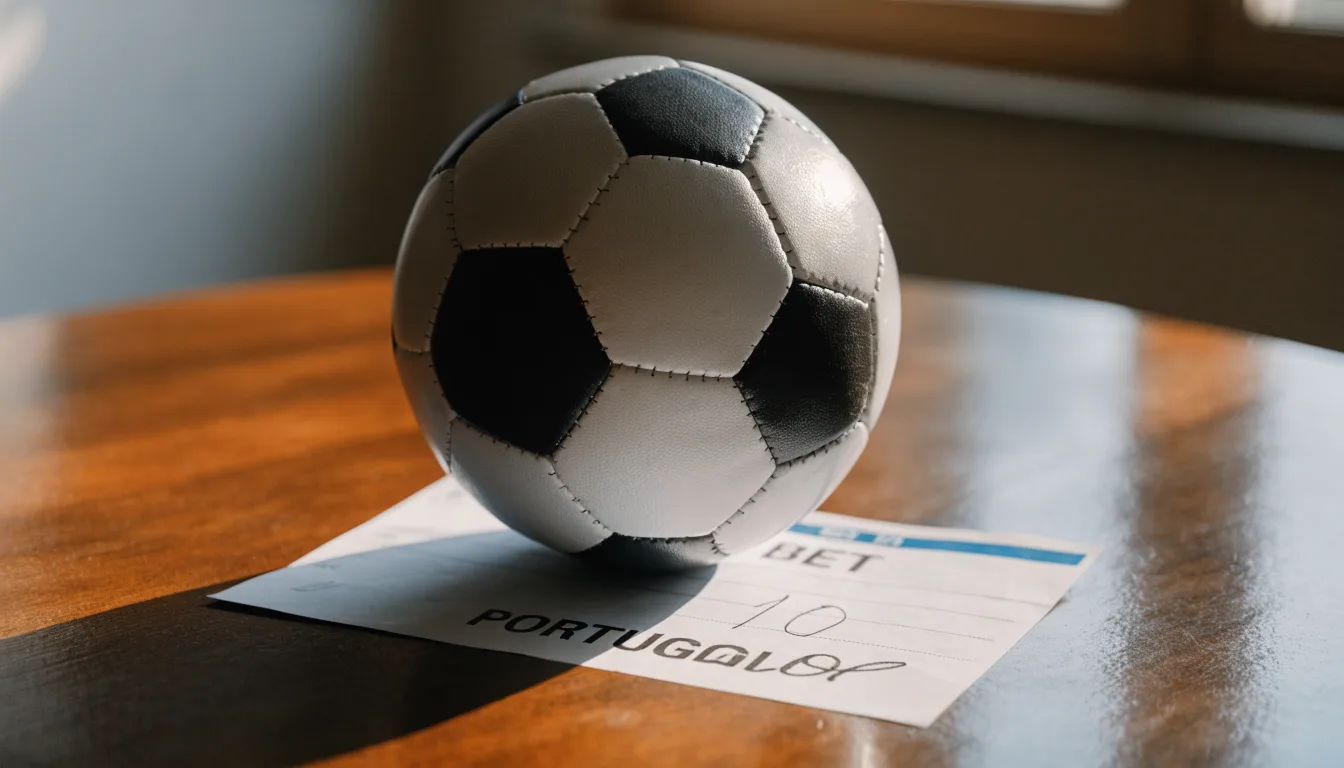 Uma bola de futebol pousada sobre um talão de apostas em branco numa mesa de madeira, à luz do dia