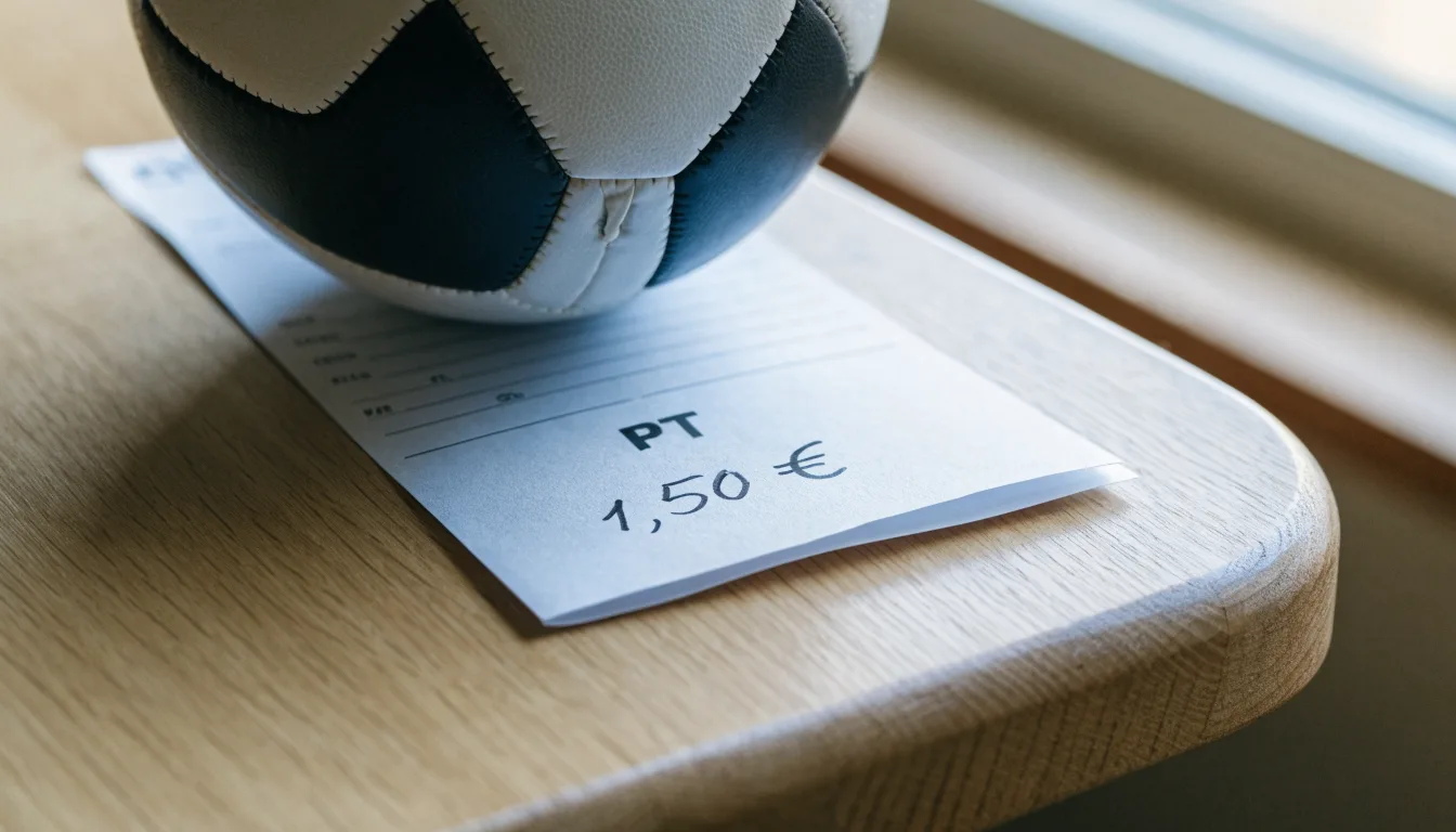 Uma bola de futebol pousada sobre um talão de apostas em branco numa mesa de madeira, à luz do dia