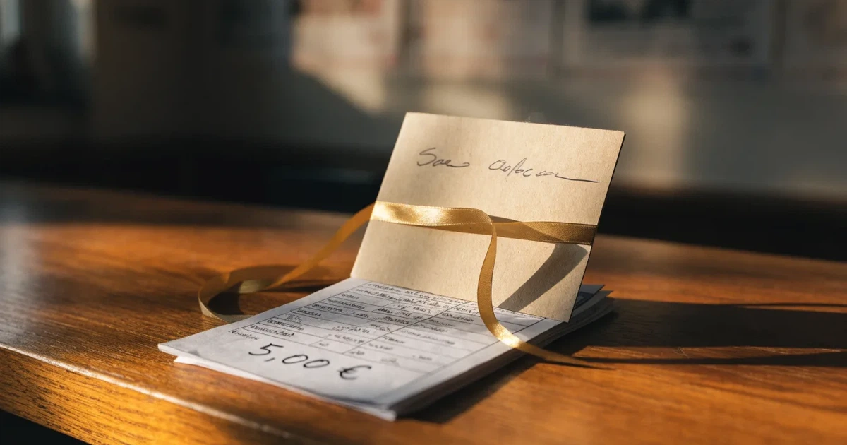 Um cartão de oferta com uma fita dourada ao lado de um talão de apostas numa bancada de madeira