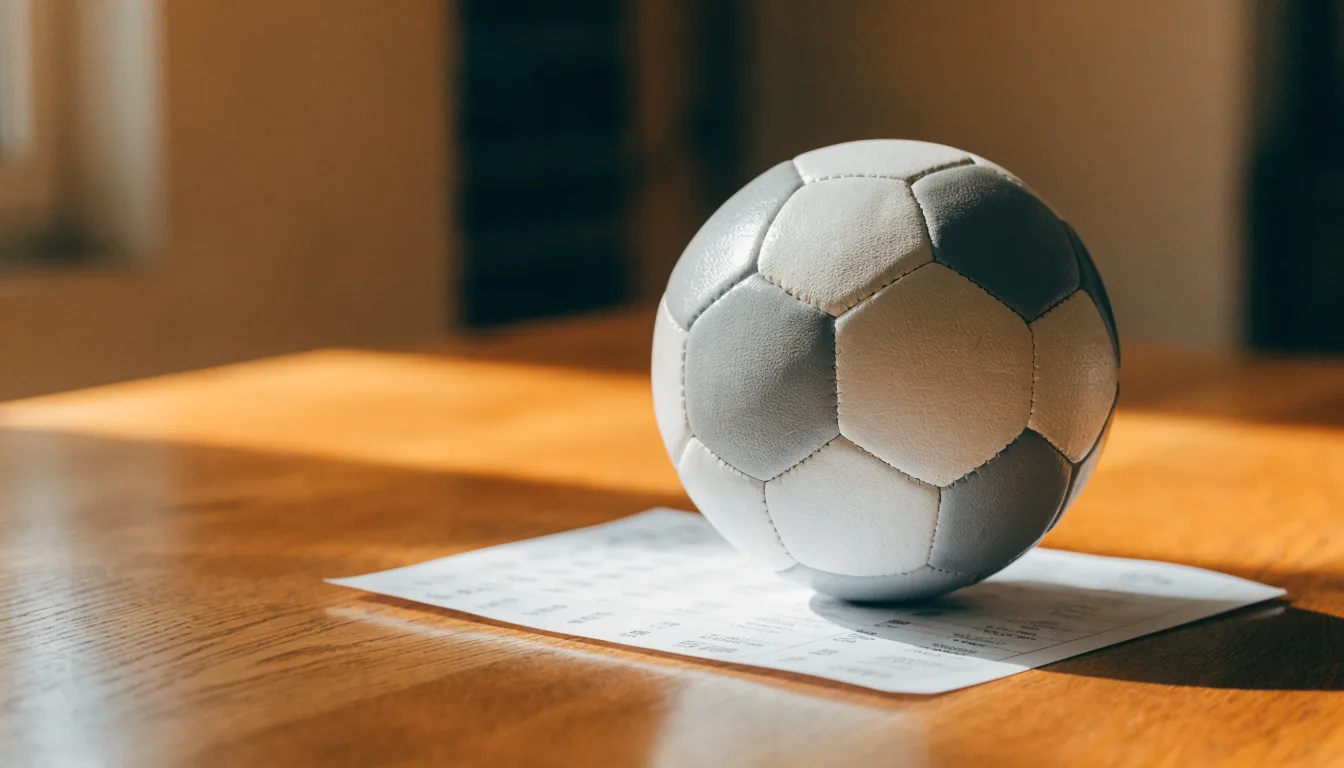 Uma bola de futebol pousada sobre um talão de apostas em branco numa mesa de madeira, à luz do dia