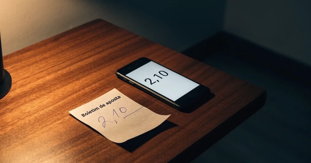 Uma moeda física de bitcoin ao lado de um telemóvel com um talão de aposta no ecrã, sobre uma mesa escura