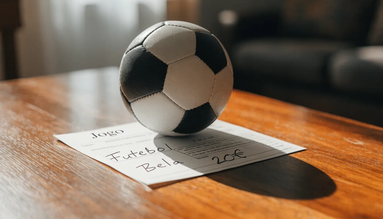 Uma bola de futebol pousada sobre um talão de apostas em branco numa mesa de madeira, à luz do dia