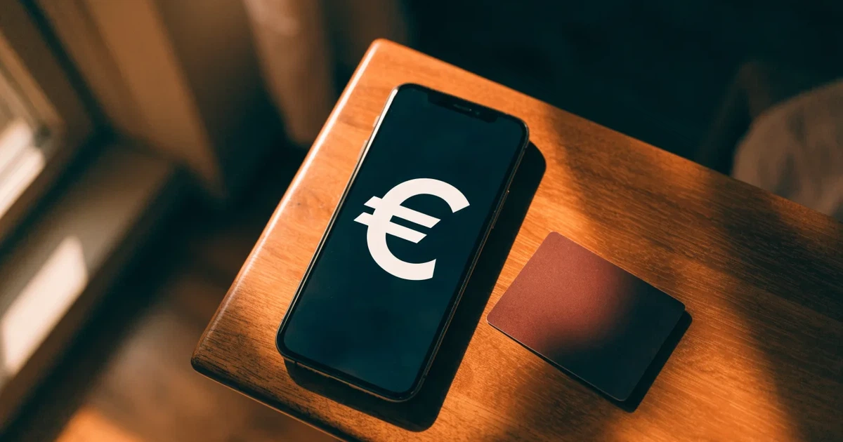 Um telemóvel e um cartão bancário lado a lado numa mesa de madeira, com algumas notas de euro ao lado