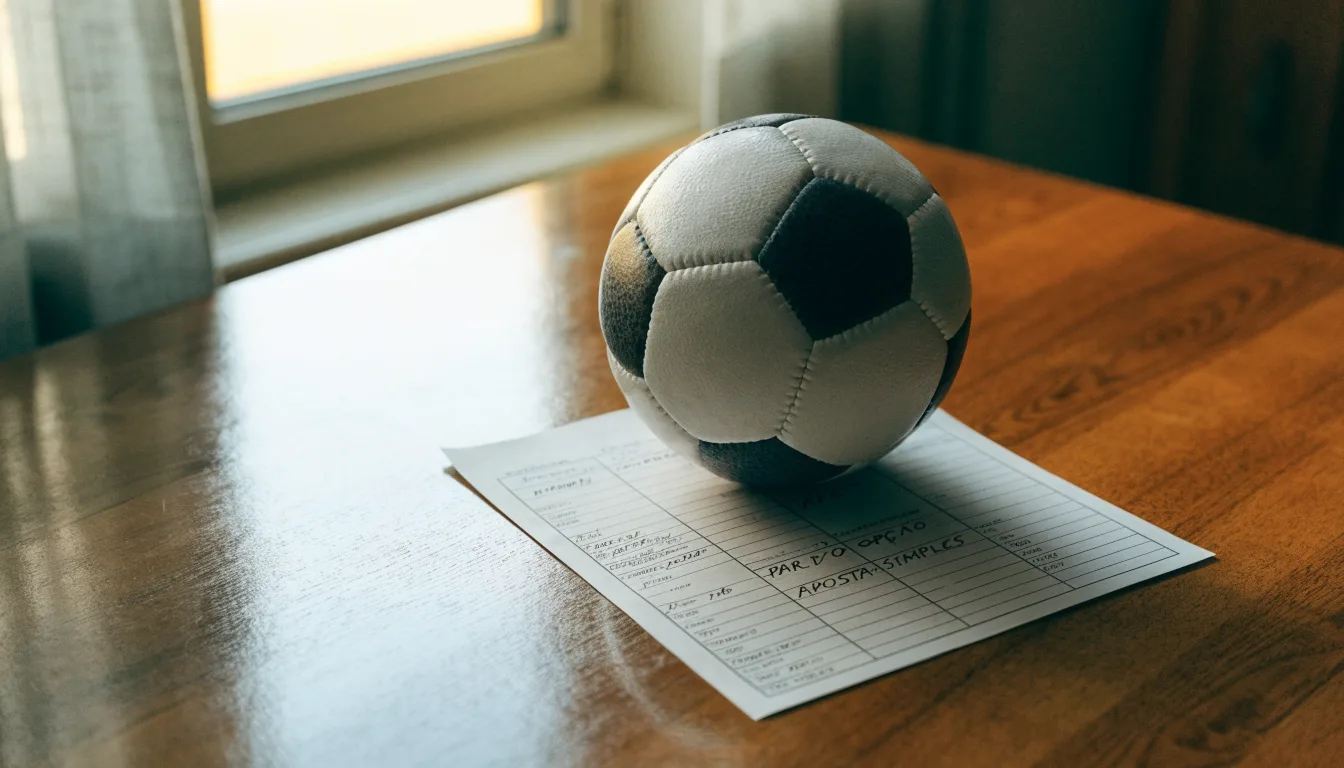 Uma bola de futebol pousada sobre um talão de apostas em branco numa mesa de madeira, à luz do dia