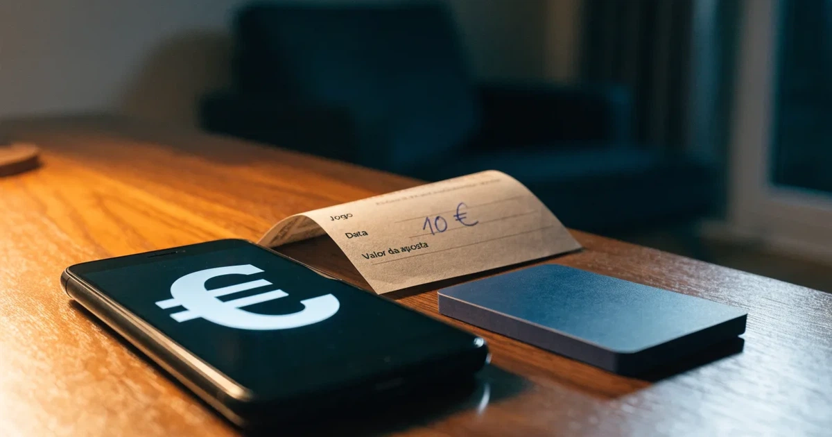 Um telemóvel e um cartão bancário lado a lado numa mesa de madeira, com algumas notas de euro ao lado