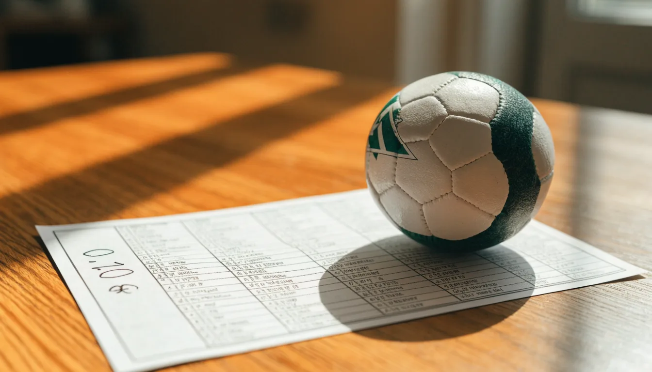 Uma bola de futebol pousada sobre um talão de apostas em branco numa mesa de madeira, à luz do dia