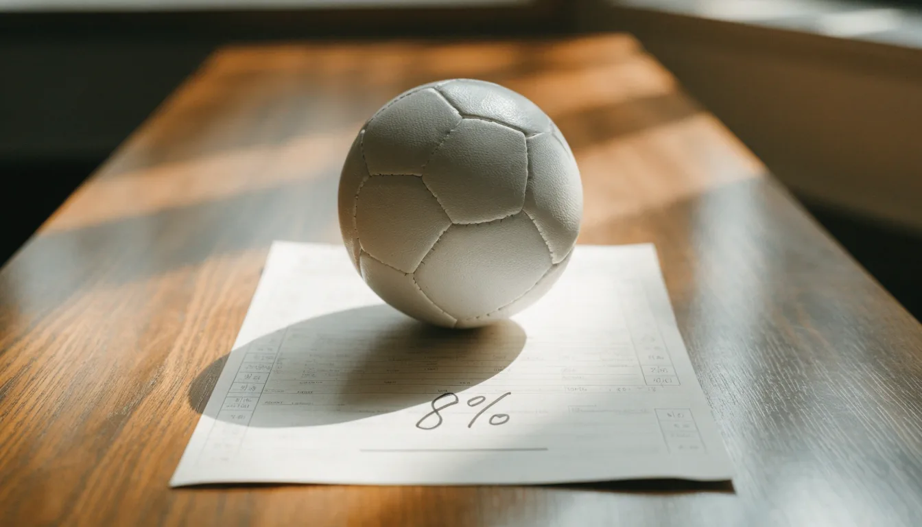 Uma bola de futebol pousada sobre um talão de apostas em branco numa mesa de madeira, à luz do dia
