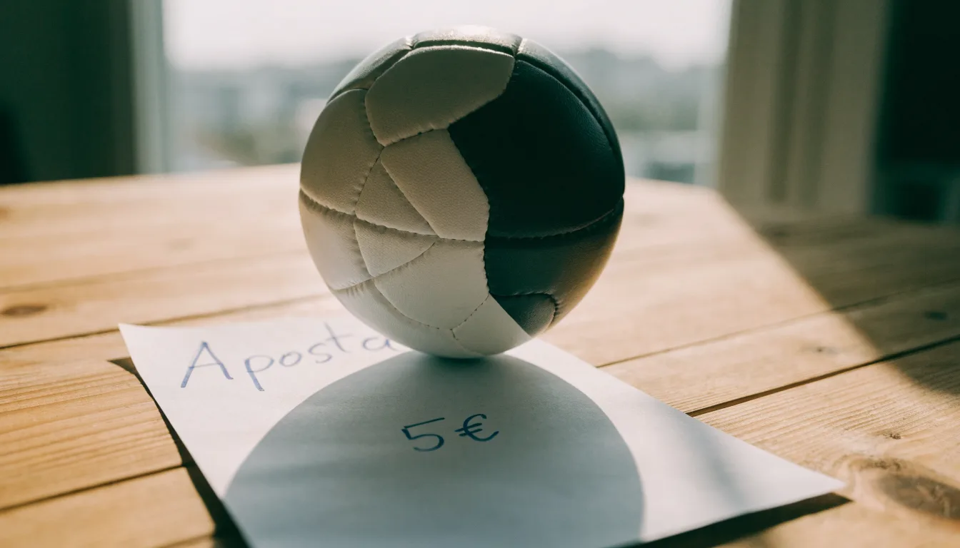 Uma bola de futebol pousada sobre um talão de apostas em branco numa mesa de madeira, à luz do dia