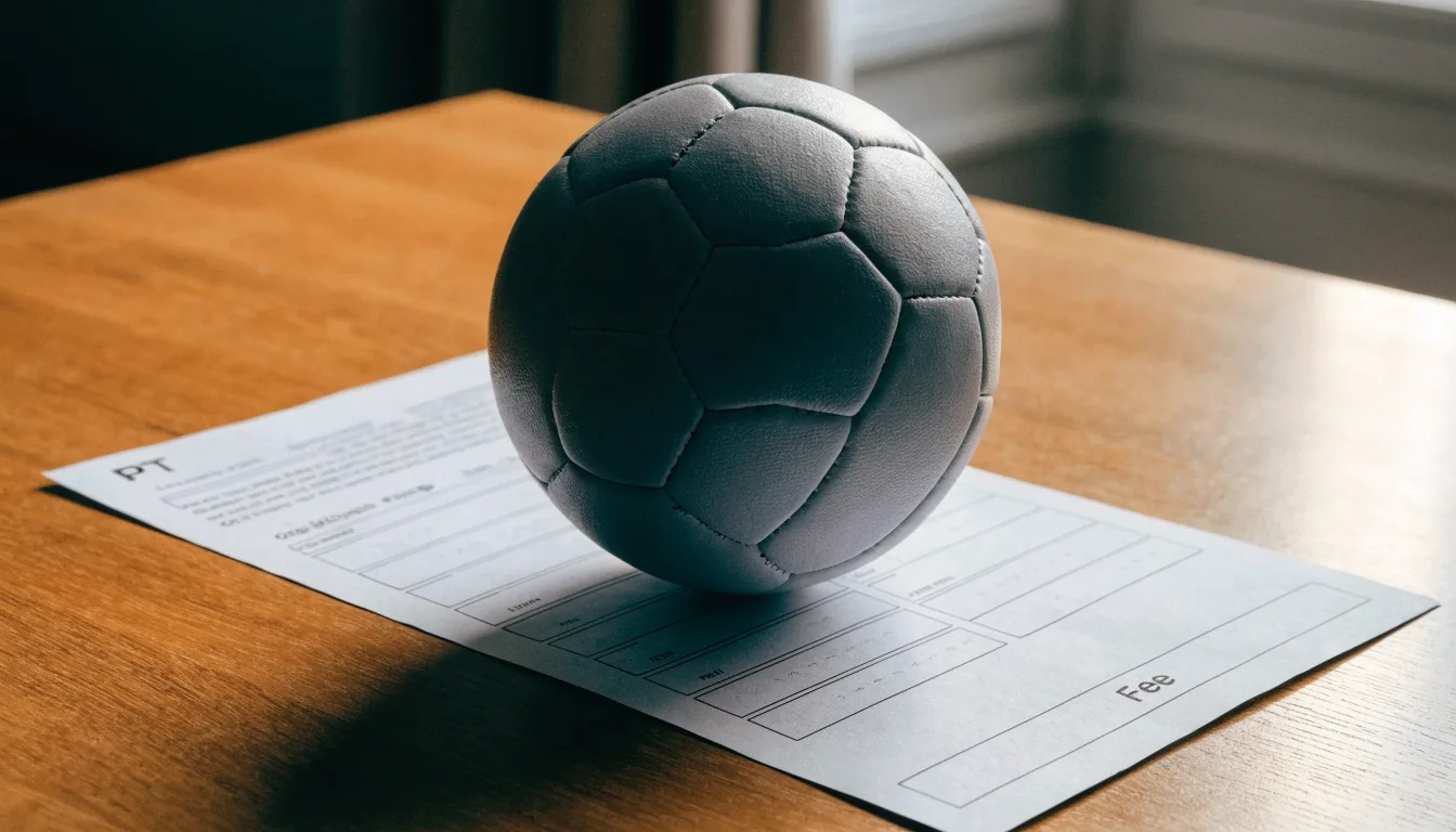 Uma bola de futebol pousada sobre um talão de apostas em branco numa mesa de madeira, à luz do dia