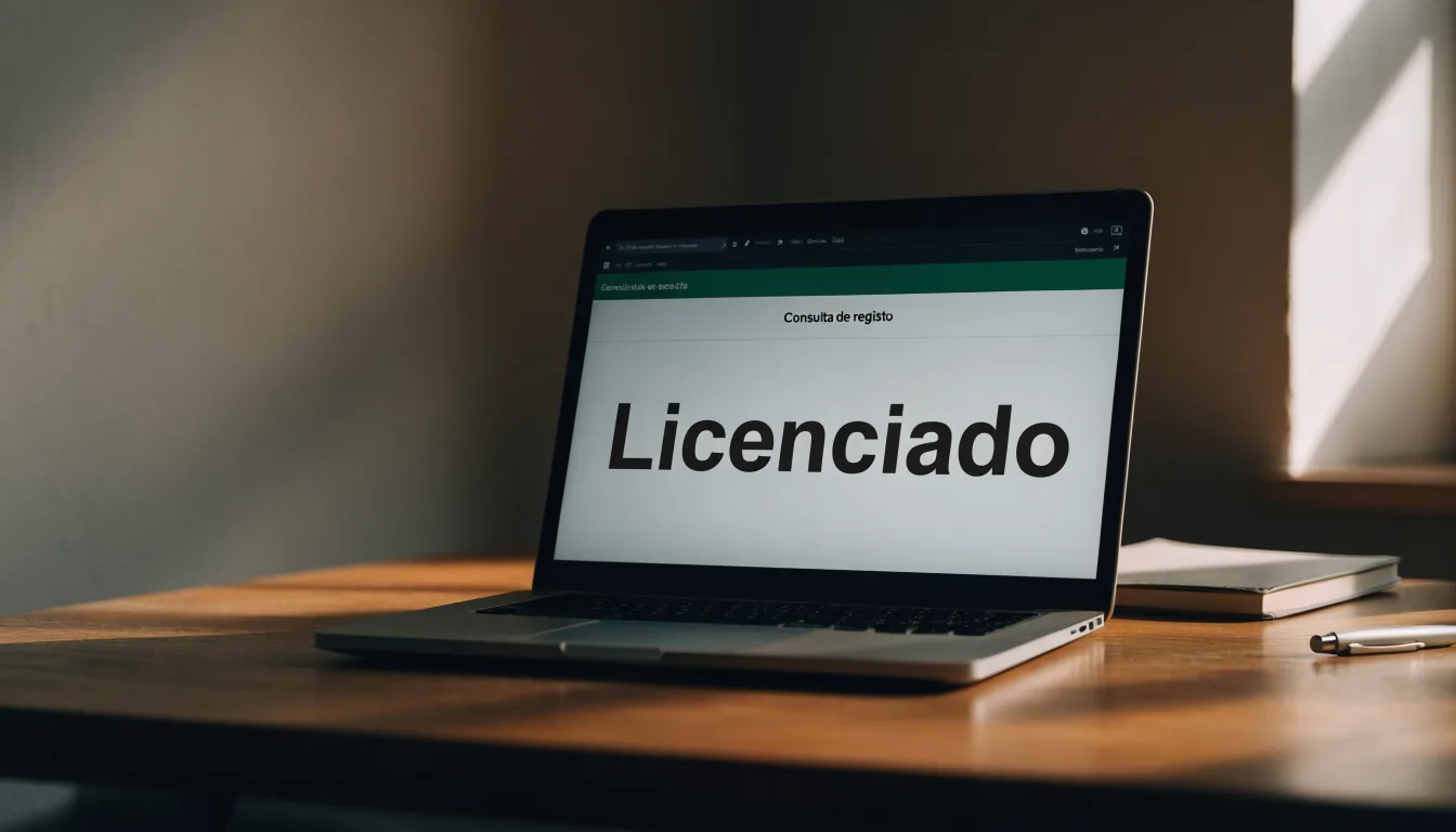 Uma folha de licença em papel com um selo vermelho, pousada numa secretária de madeira ao lado de uma caneta