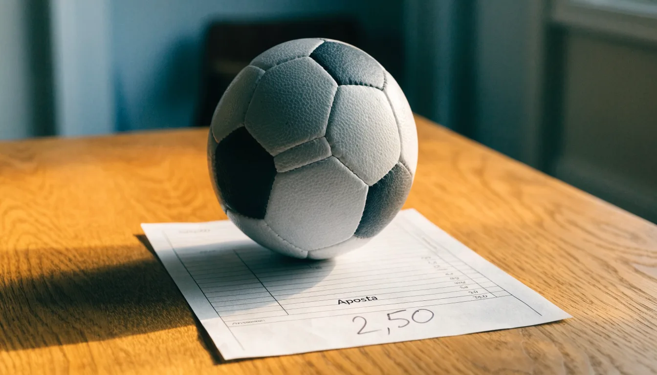 Uma bola de futebol pousada sobre um talão de apostas em branco numa mesa de madeira, à luz do dia