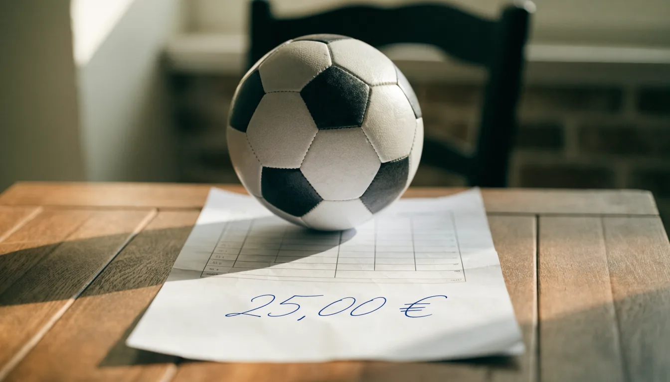 Uma bola de futebol pousada sobre um talão de apostas em branco numa mesa de madeira, à luz do dia