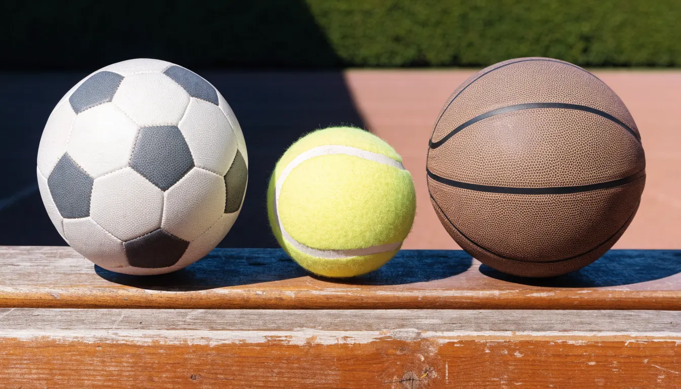 Três bolas de desportos diferentes alinhadas lado a lado num banco de madeira