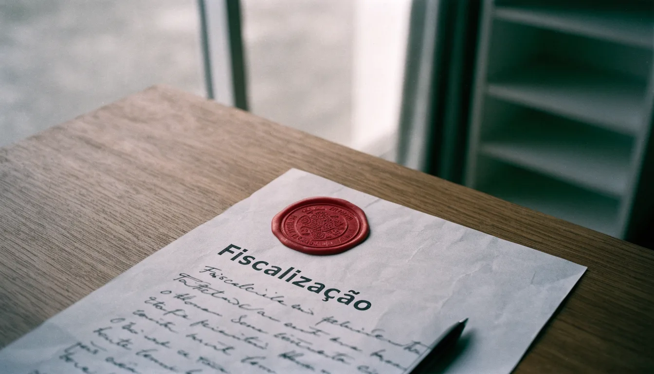 Uma folha de licença em papel com um selo vermelho, pousada numa secretária de madeira ao lado de uma caneta
