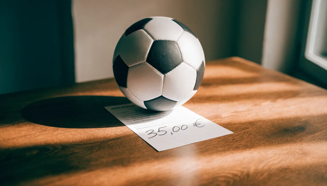 Uma bola de futebol pousada sobre um talão de apostas em branco numa mesa de madeira, à luz do dia