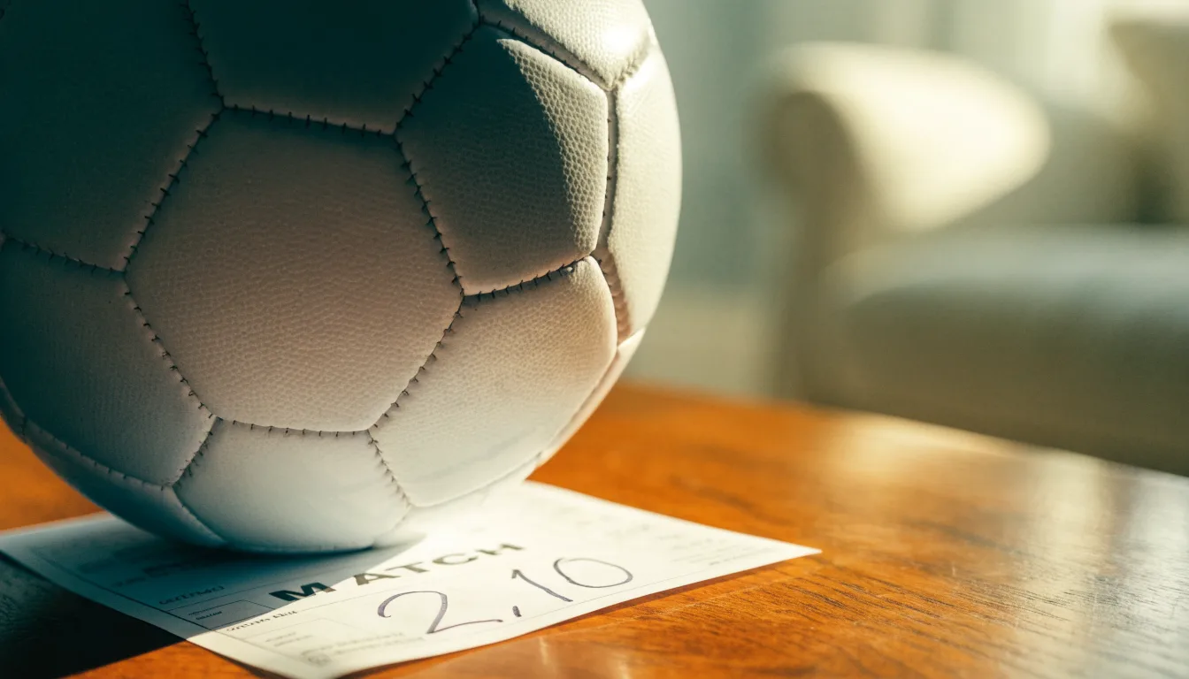 Uma bola de futebol pousada sobre um talão de apostas em branco numa mesa de madeira, à luz do dia