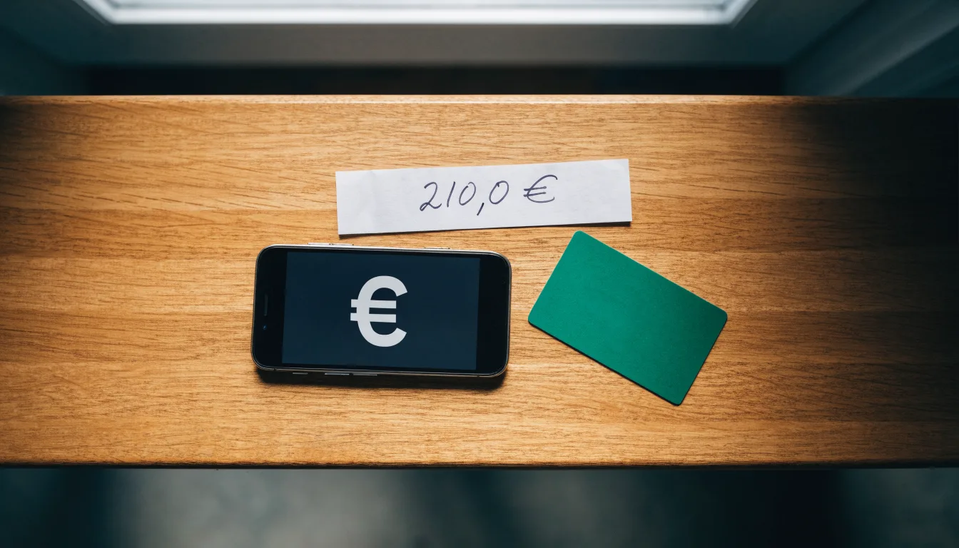 Um telemóvel e um cartão bancário lado a lado numa mesa de madeira, com algumas notas de euro ao lado