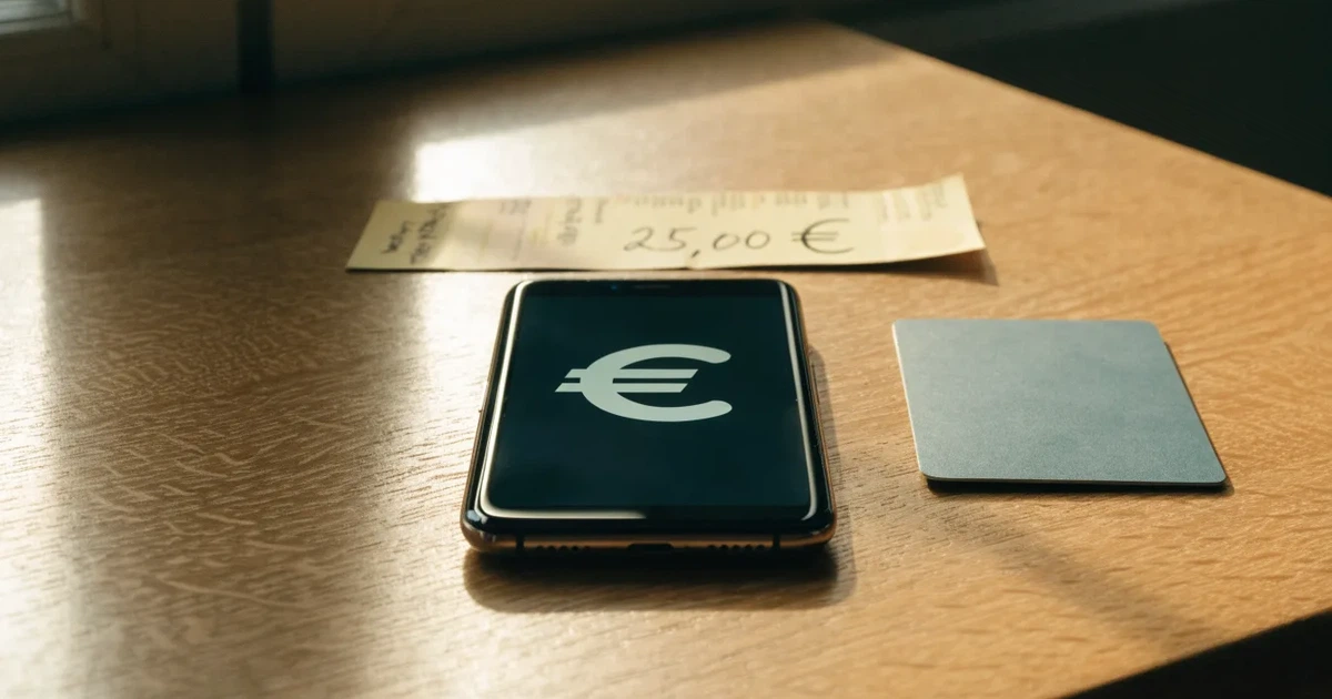 Um telemóvel e um cartão bancário lado a lado numa mesa de madeira, com algumas notas de euro ao lado