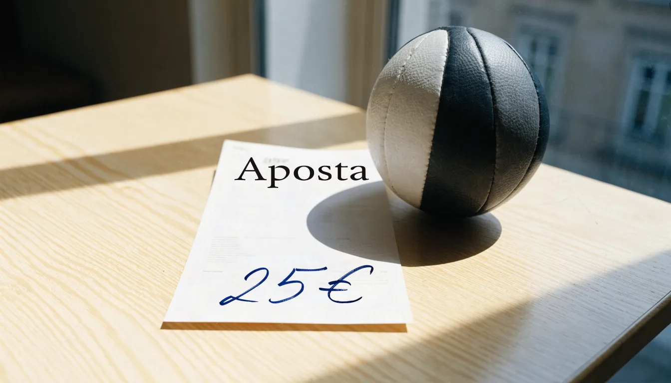 Uma bola de futebol pousada sobre um talão de apostas em branco numa mesa de madeira, à luz do dia