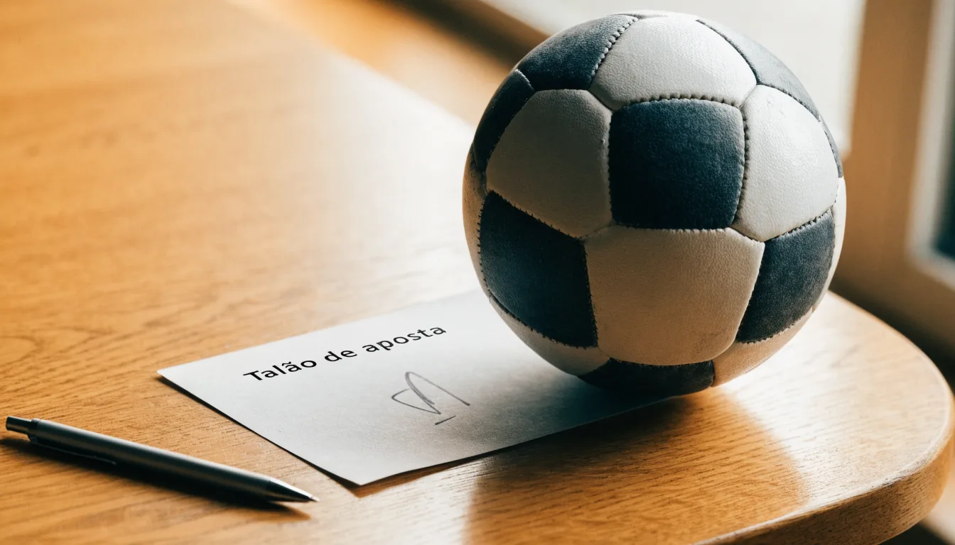 Uma bola de futebol pousada sobre um talão de apostas em branco numa mesa de madeira, à luz do dia