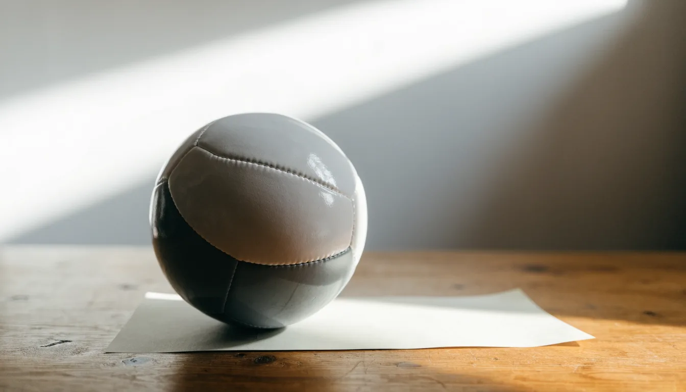 Uma bola de futebol pousada sobre um talão de apostas em branco numa mesa de madeira, à luz do dia