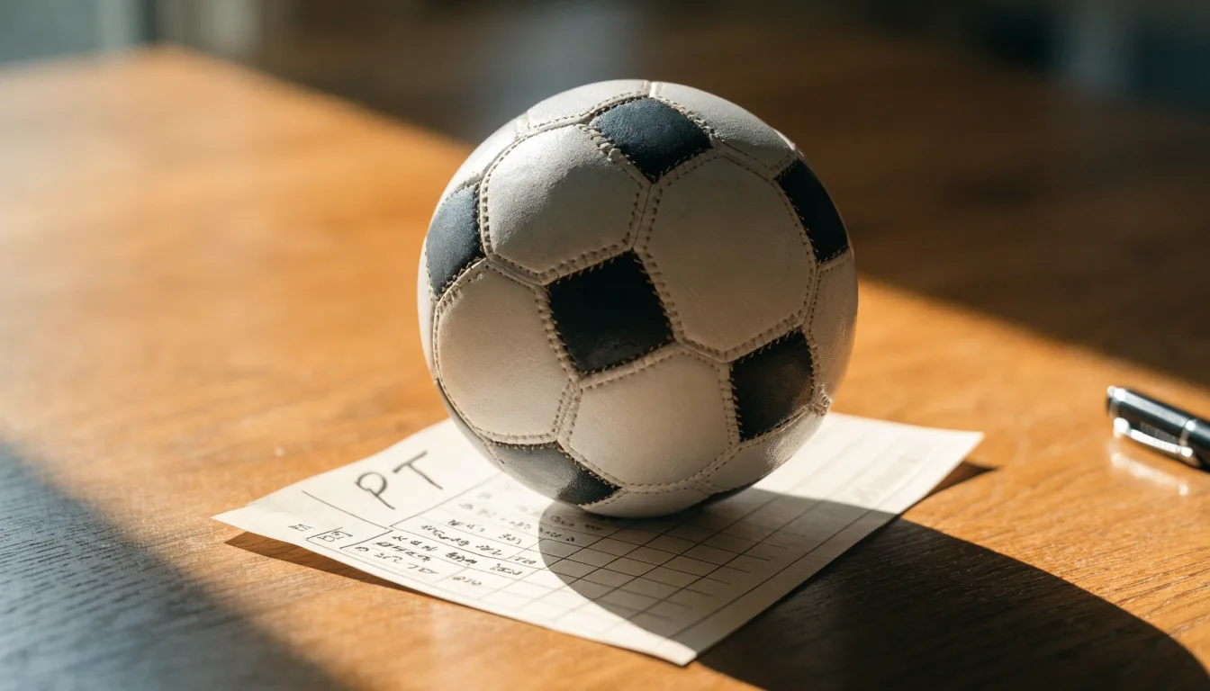 Uma bola de futebol pousada sobre um talão de apostas em branco numa mesa de madeira, à luz do dia