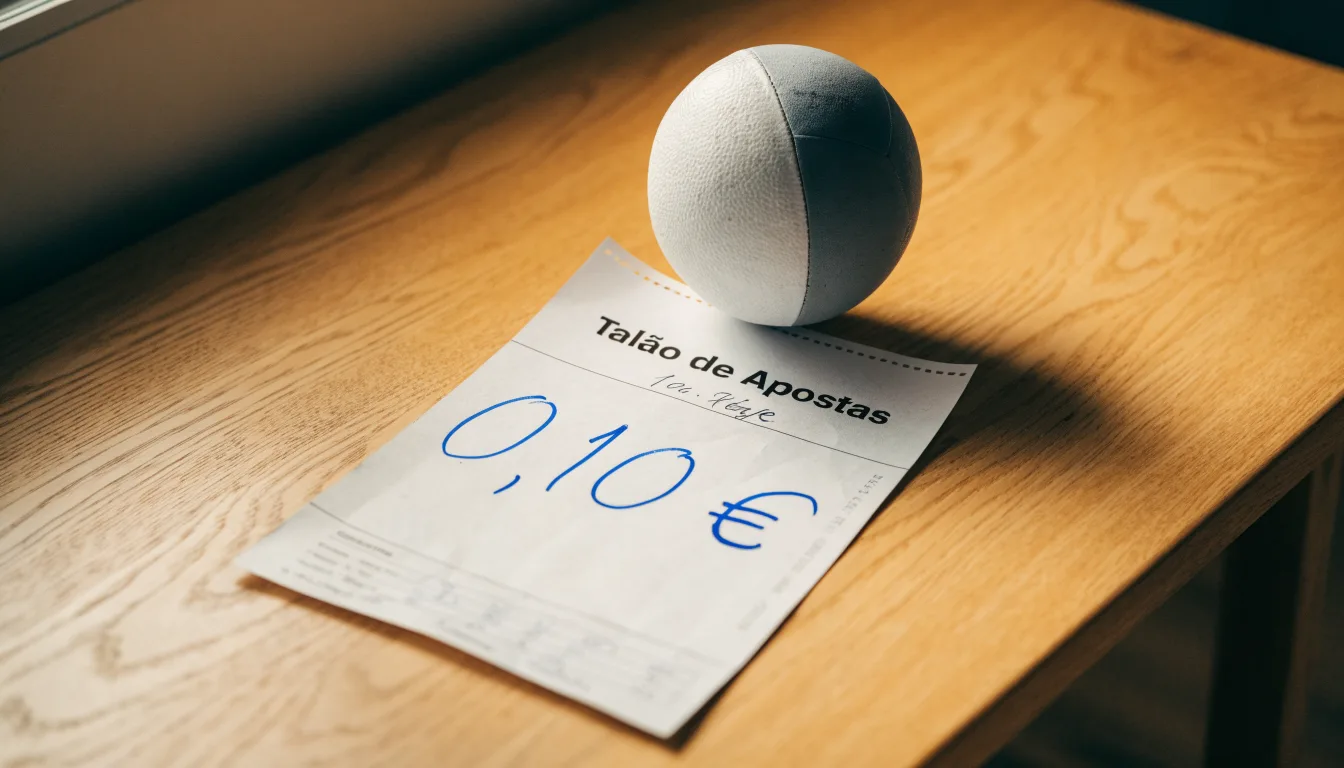 Uma bola de futebol pousada sobre um talão de apostas em branco numa mesa de madeira, à luz do dia