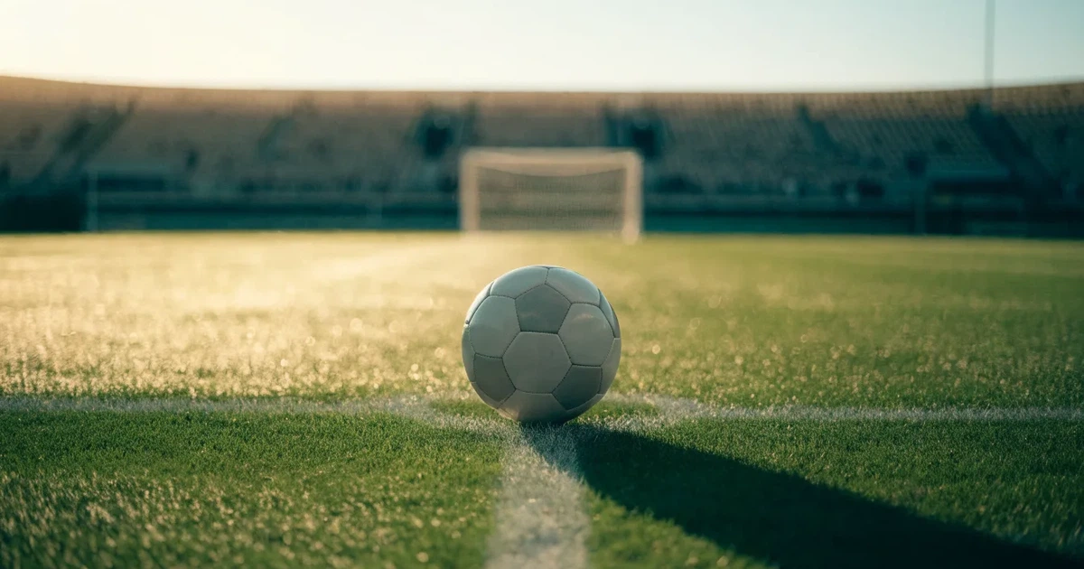 Uma bola de futebol no ponto central de um relvado, à luz da manhã