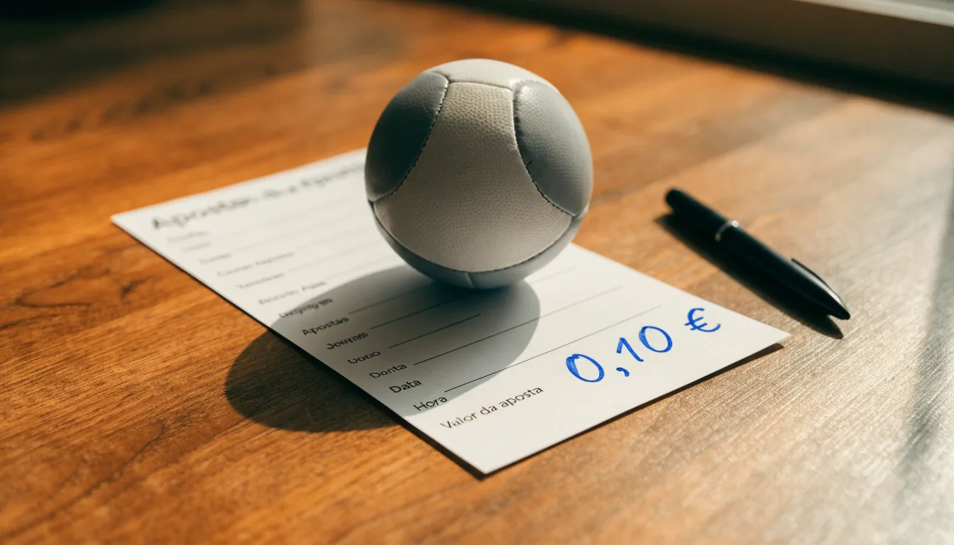 Uma bola de futebol pousada sobre um talão de apostas em branco numa mesa de madeira, à luz do dia