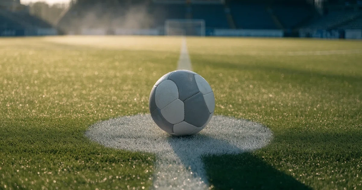 Uma bola de futebol no ponto central de um relvado, à luz da manhã