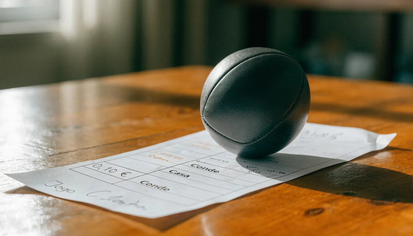 Uma bola de futebol pousada sobre um talão de apostas em branco numa mesa de madeira, à luz do dia