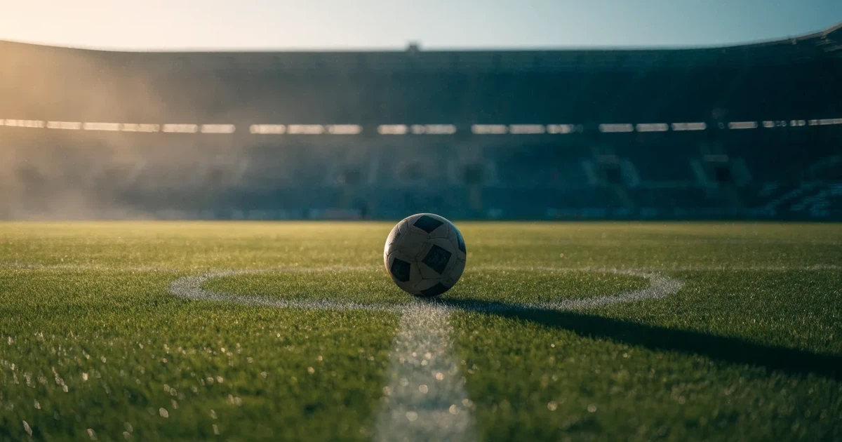Uma bola de futebol no ponto central de um relvado, à luz da manhã