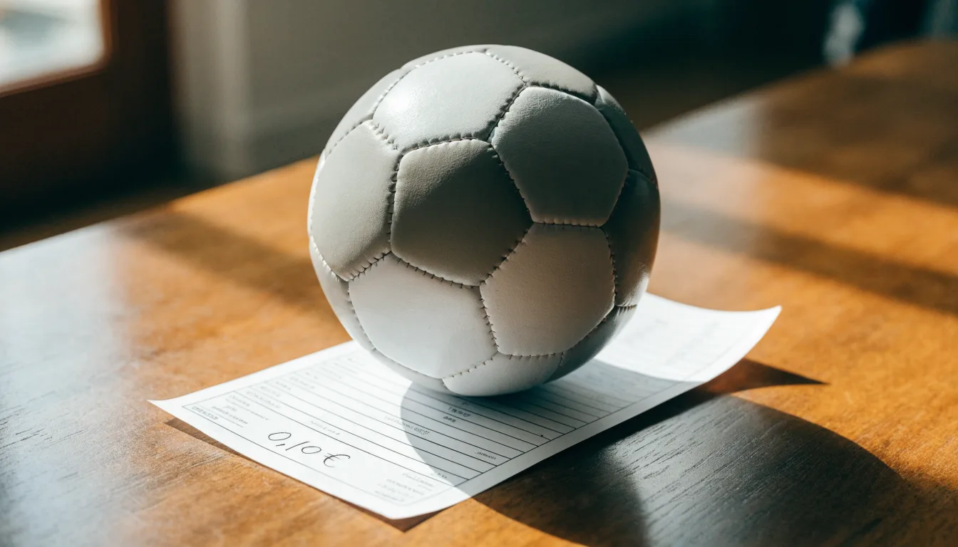 Uma bola de futebol pousada sobre um talão de apostas em branco numa mesa de madeira, à luz do dia
