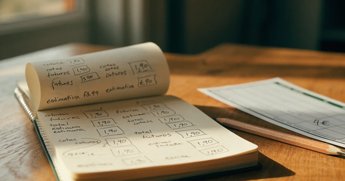 Um caderno aberto com cotas escritas à mão, uma calculadora e um lápis sobre uma mesa de madeira