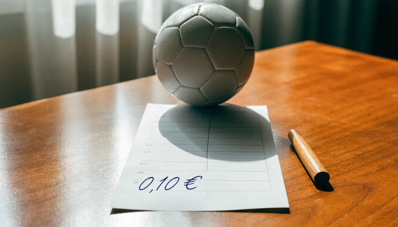 Uma bola de futebol pousada sobre um talão de apostas em branco numa mesa de madeira, à luz do dia