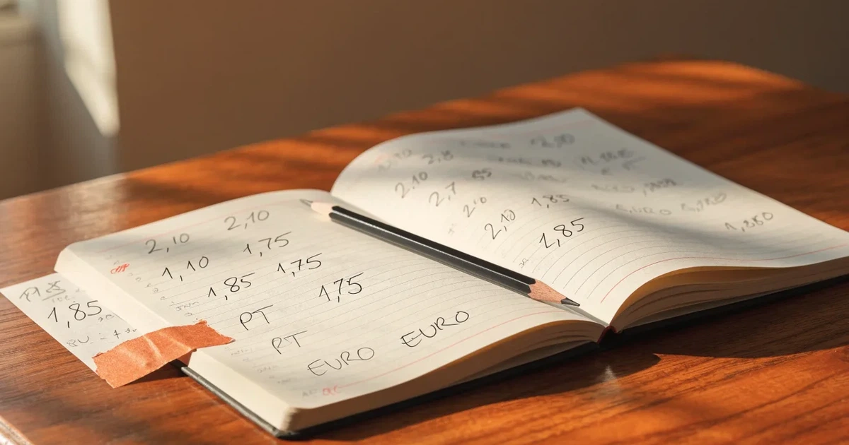 Um caderno aberto com cotas escritas à mão, uma calculadora e um lápis sobre uma mesa de madeira
