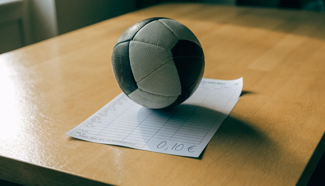 Uma bola de futebol pousada sobre um talão de apostas em branco numa mesa de madeira, à luz do dia