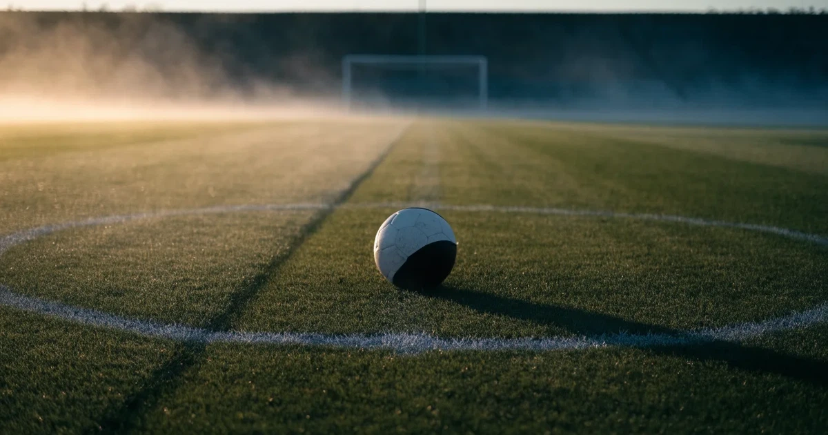 Uma bola de futebol no ponto central de um relvado, à luz da manhã