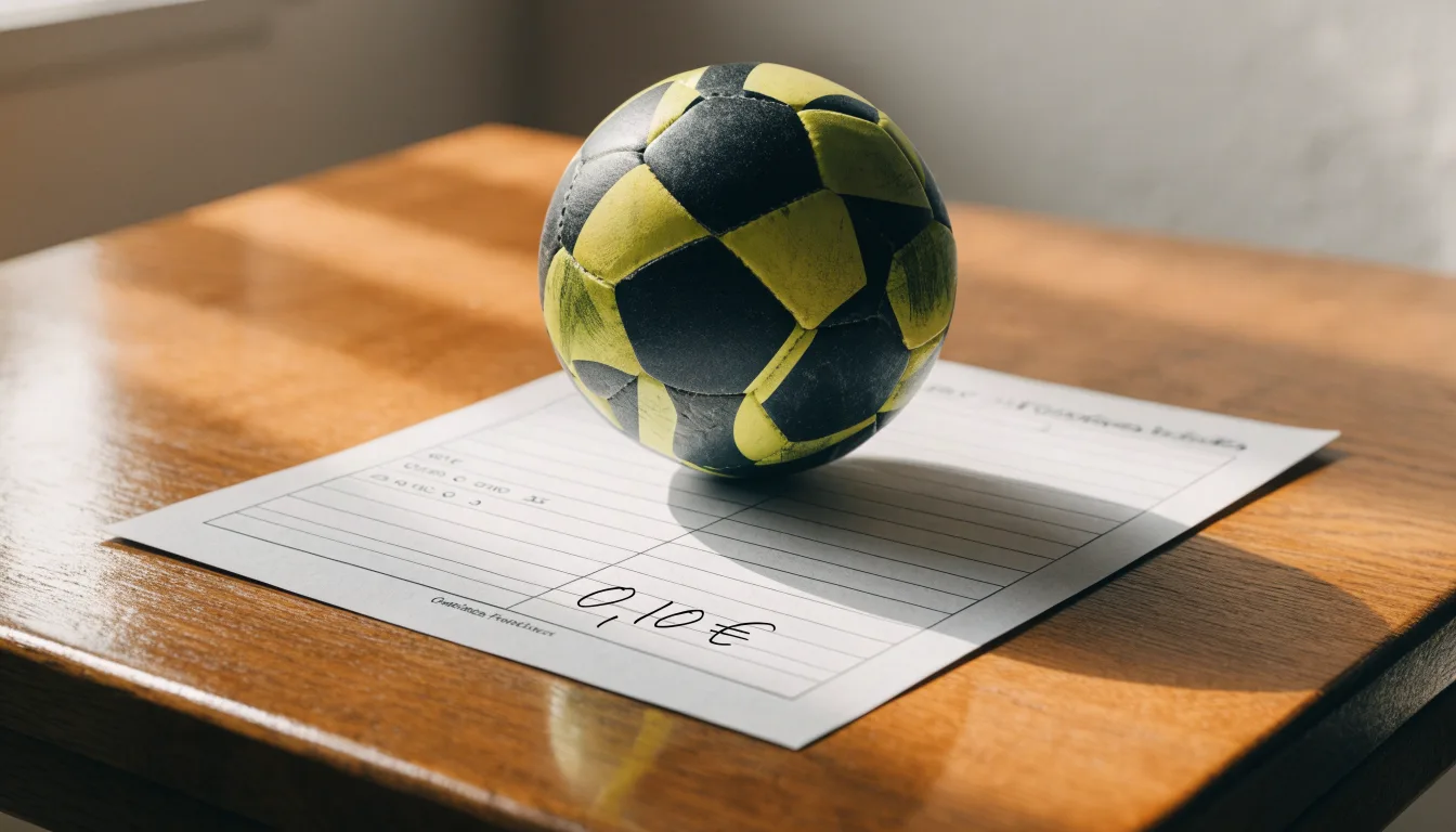 Uma bola de futebol pousada sobre um talão de apostas em branco numa mesa de madeira, à luz do dia